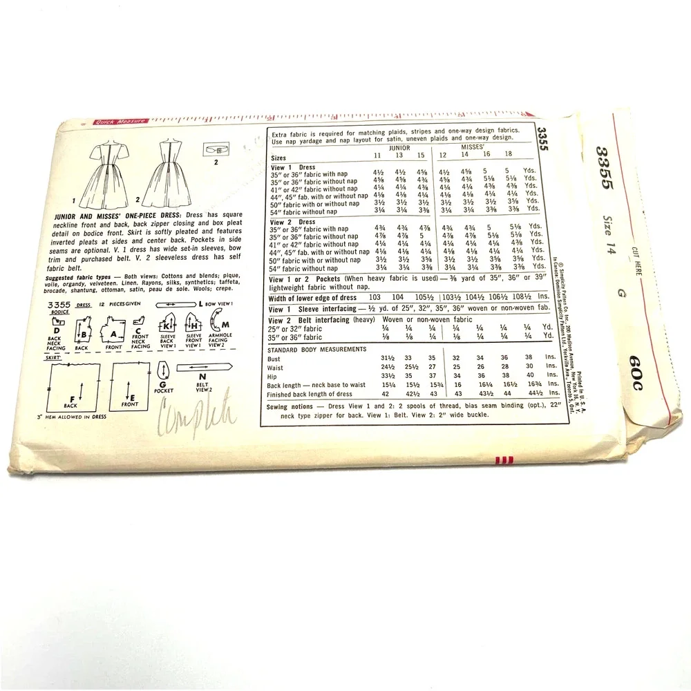 Simplicity Vintage‎ 1960's Pattern #3355 Jr./ Misses One Piece Dress Size 14 HTF